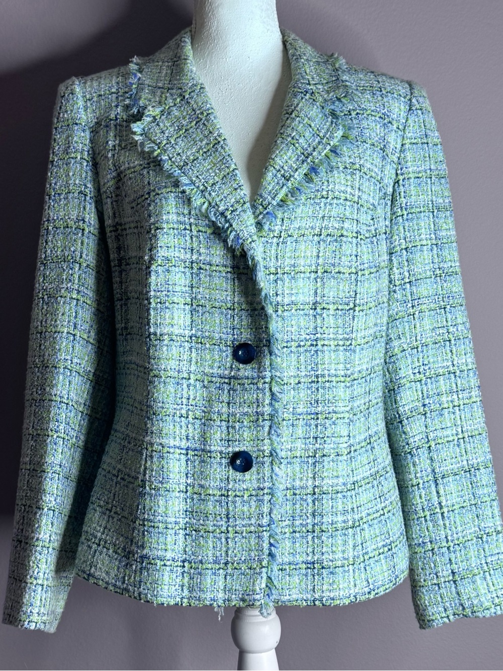 Briggs New York Pastel Blue-Green Tweed Blazer with Frayed Trim Sz 14